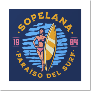 Vintage Sopelana, Spain Surfer's Paradise // Retro Surfing 1980s Badge Posters and Art